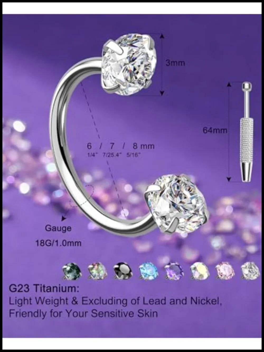 Titanium Horseshoe Nose Ring 18G Double Gem CBR Piercing Jewelry with Free Ball